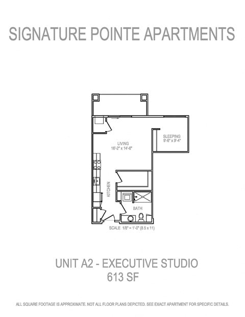 Floor plan for studio, 1 bath, 613 sqft